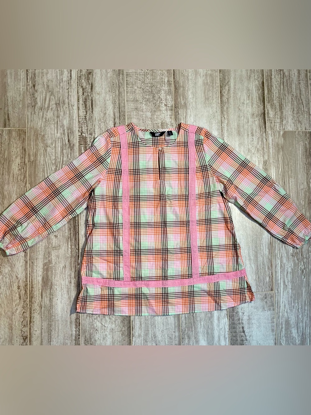 Lands End Tunic/Top Women L Plaid w/ Eyelet Ribbon Accent 100% Cotton